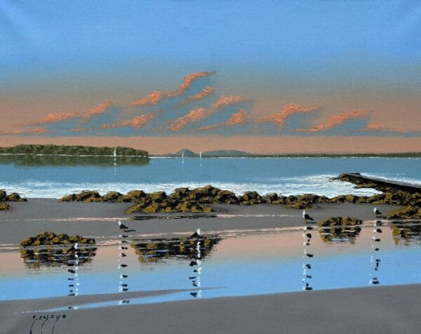 Paisaje de Adolfo ¨Fito¨Sayago al atardecer en el muelle Mailhos, Punta del Este