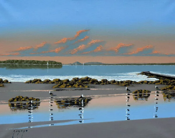 Paisaje de Adolfo ¨Fito¨Sayago al atardecer en el muelle Mailhos, Punta del Este