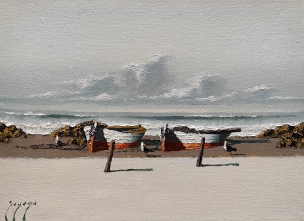 Las Barcas, paisaje marino de Adolfo ¨Fito¨ Sayago, Óleo sobre lienzo de 24 x 33 cm