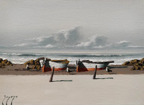 Las Barcas, paisaje marino de Adolfo ¨Fito¨ Sayago, Óleo sobre lienzo de 24 x 33 cm