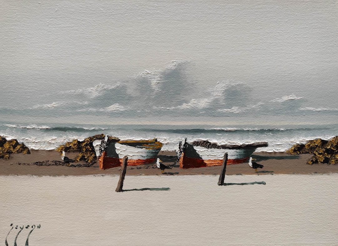 Las Barcas, paisaje marino de Adolfo ¨Fito¨ Sayago, Óleo sobre lienzo de 24 x 33 cm