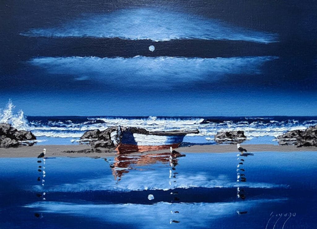 Reflejos, paisaje nocturno de Adolfo ¨Fito¨ Sayago, Óleo sobre lienzo de 24 x 33 cm