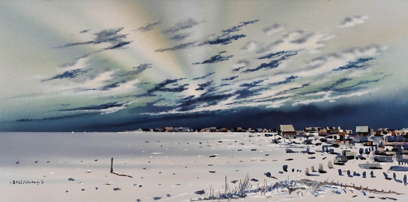 Pueblito de magos, paisaje de pueblo fantástico con cielo característico de Emilio Bolinches