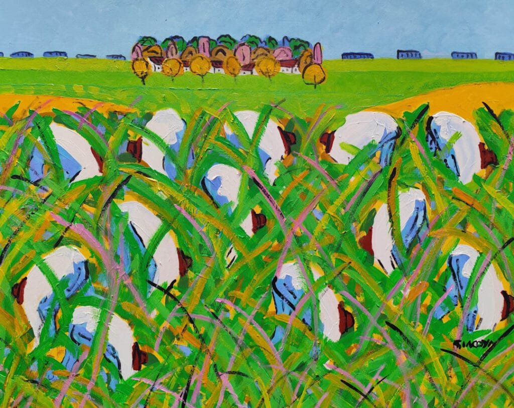 Escena de cosecha con segadores típica de Mario Giacoya