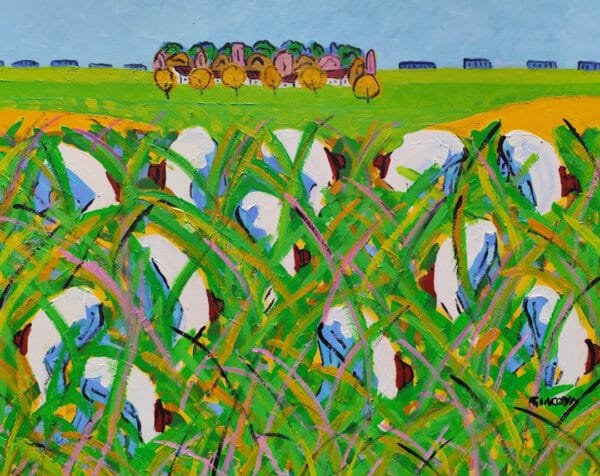 Escena de cosecha con segadores típica de Mario Giacoya