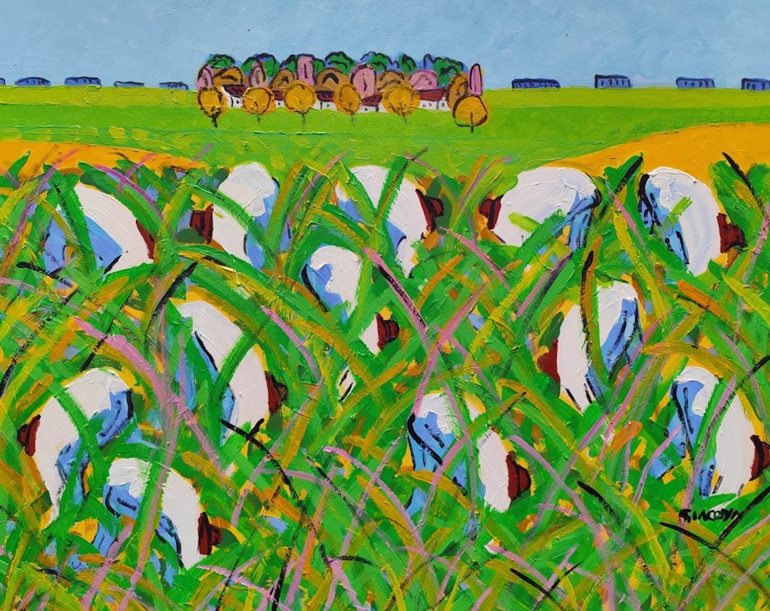 Escena de cosecha con segadores típica de Mario Giacoya