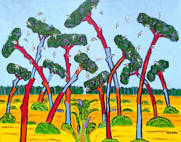 Una de las obras más importantes de la producción de Mario Giacoya, de la serie de los pinares, fue una de las piezas centrales en la exposición realizada en el Museo Nacional de Artes Visuales (MNAV) como también en las exposiciónes que le siguieron.